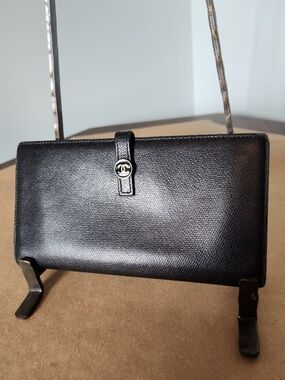 Authentic Vintage Chanel Coco Button Caviar Leather Long Wallet in Black